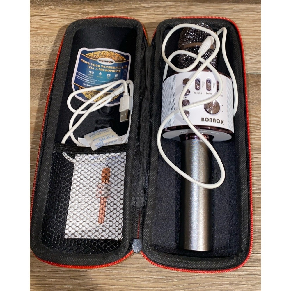 Bonaok Wireless Bluetooth Karaoke Microphone Black and White with Case